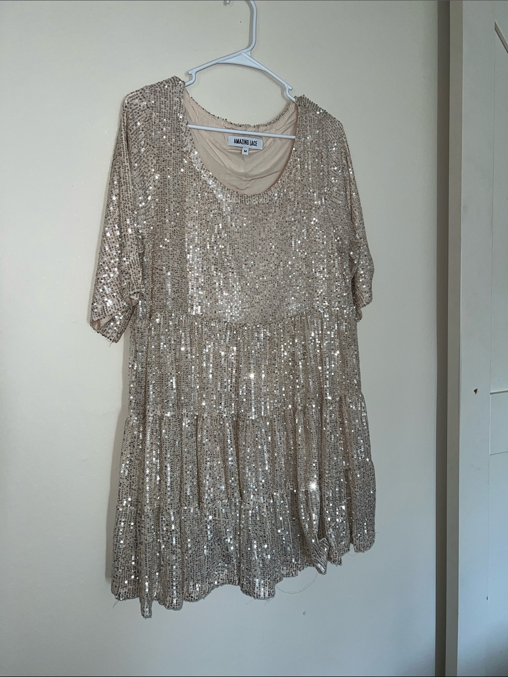 Amazing Lace Sequin Tiered Mini Dress in Champagne Gold
